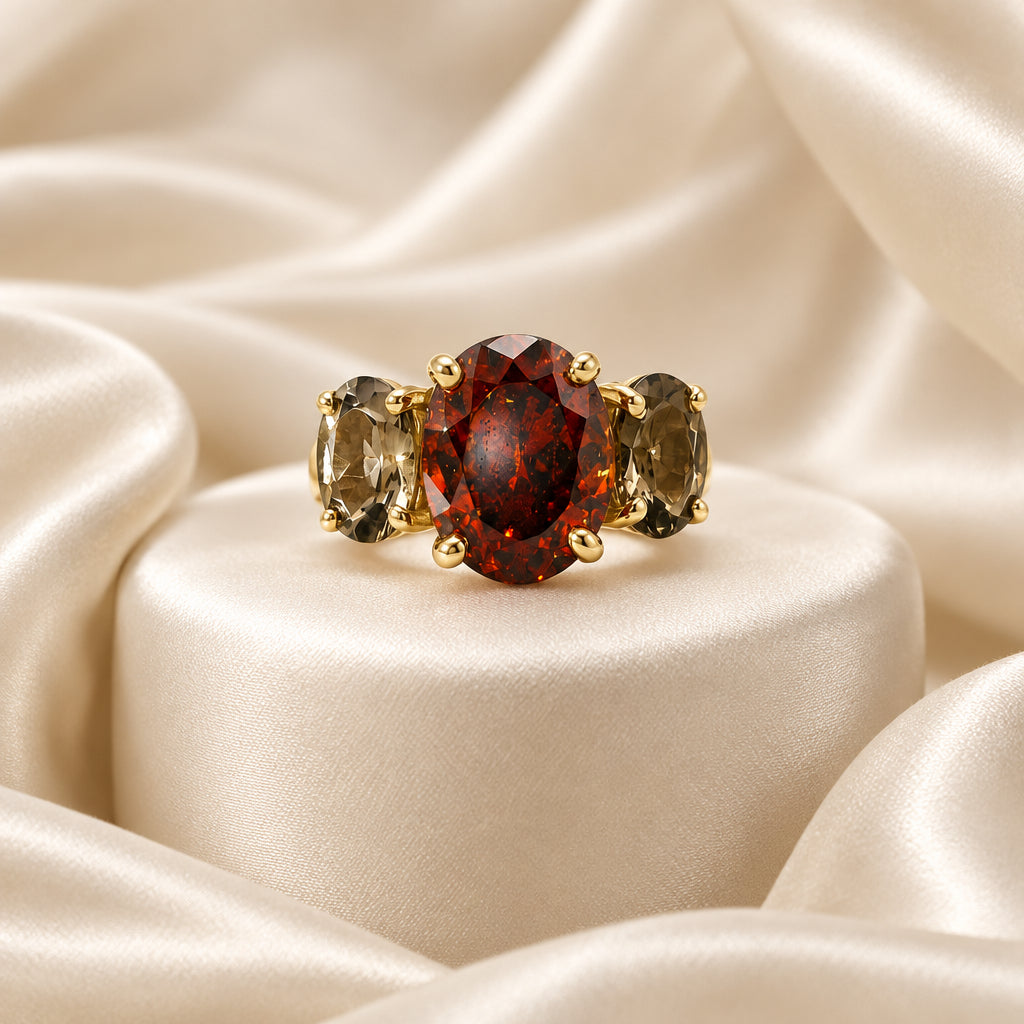 10K Yellow gold Amber and Smokey Quartz ring