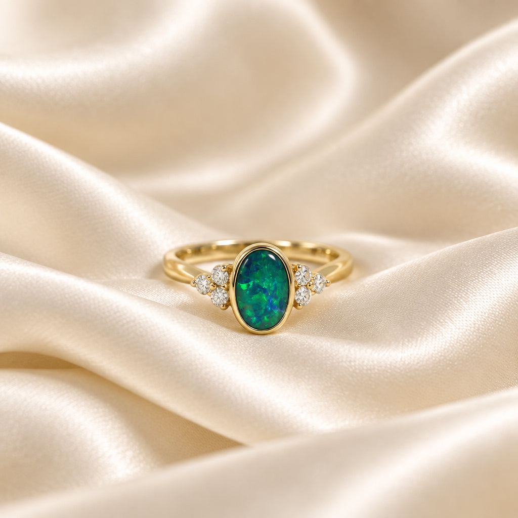 10K Yellow gold oval Opal doublet and Diamond ring