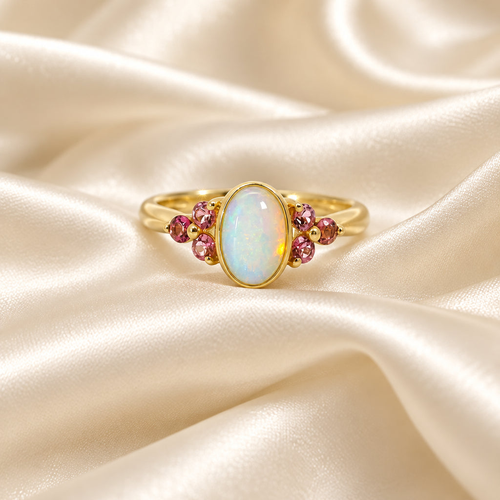 10K Yellow gold oval Opal and Pink Tourmaline ring