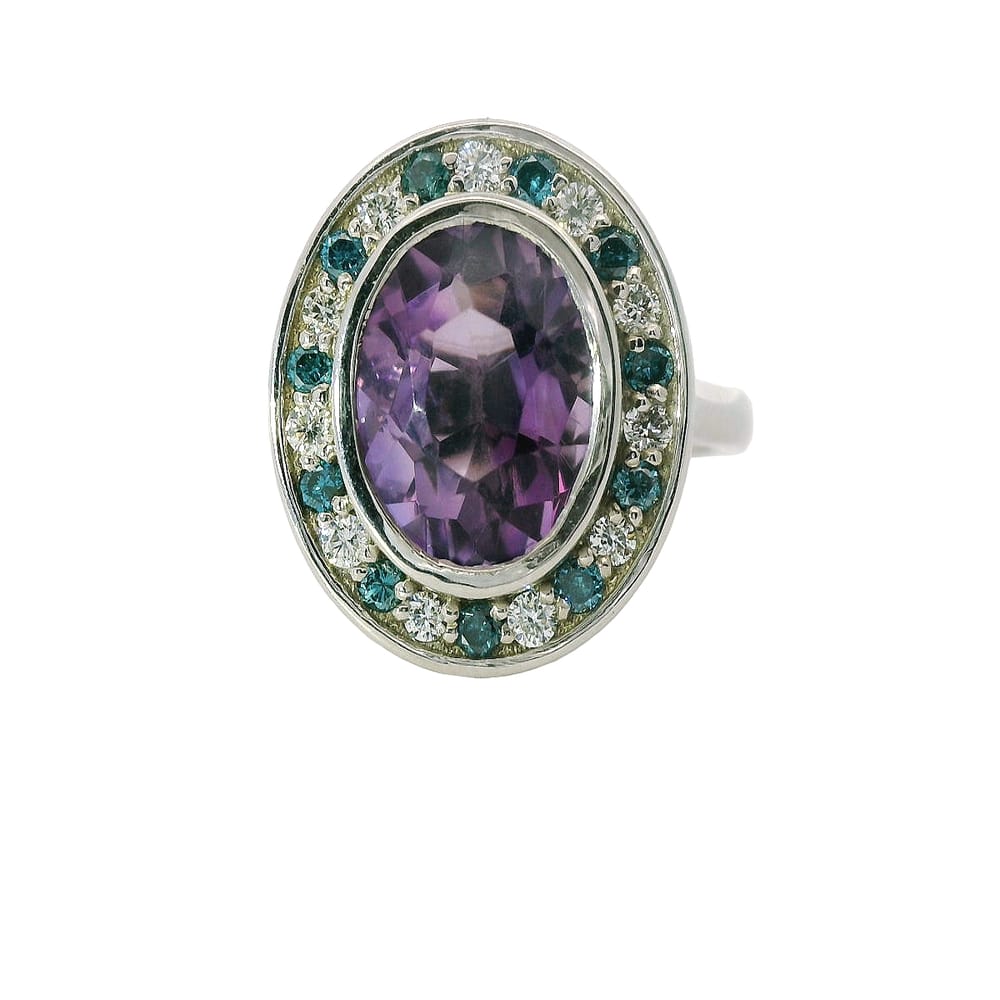 10k White gold Amethyst with Colourless and Blue Diamond ring