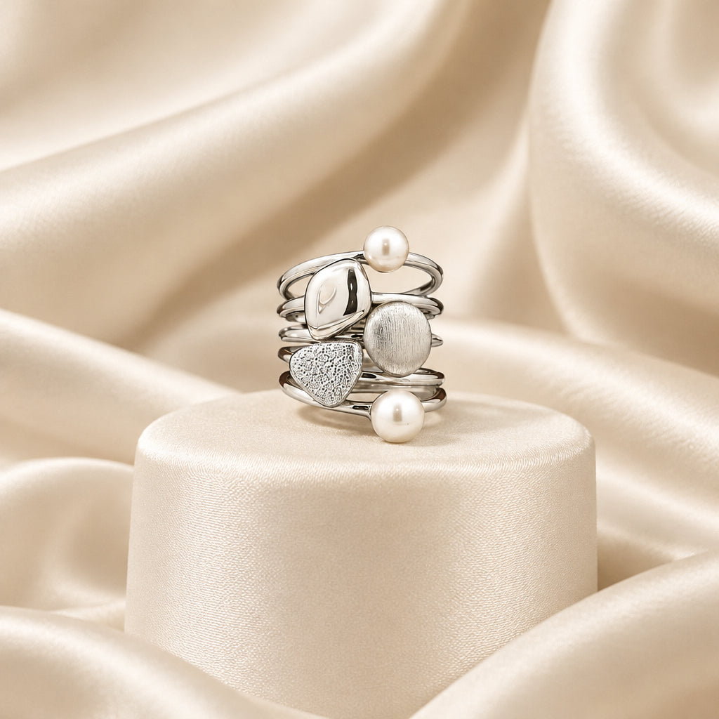 "BIRKS PEBBLE" STERLING SILVER RHD PEBBLE & FRESHWATER PEARL STACKABLE 5-RING SET SZ 7