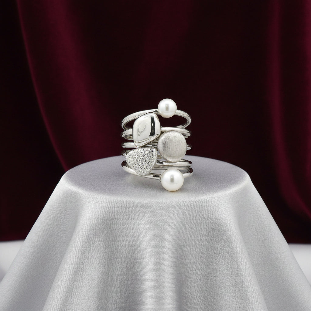 "BIRKS PEBBLE" STERLING SILVER RHD PEBBLE & FRESHWATER PEARL STACKABLE 5-RING SET SZ 7