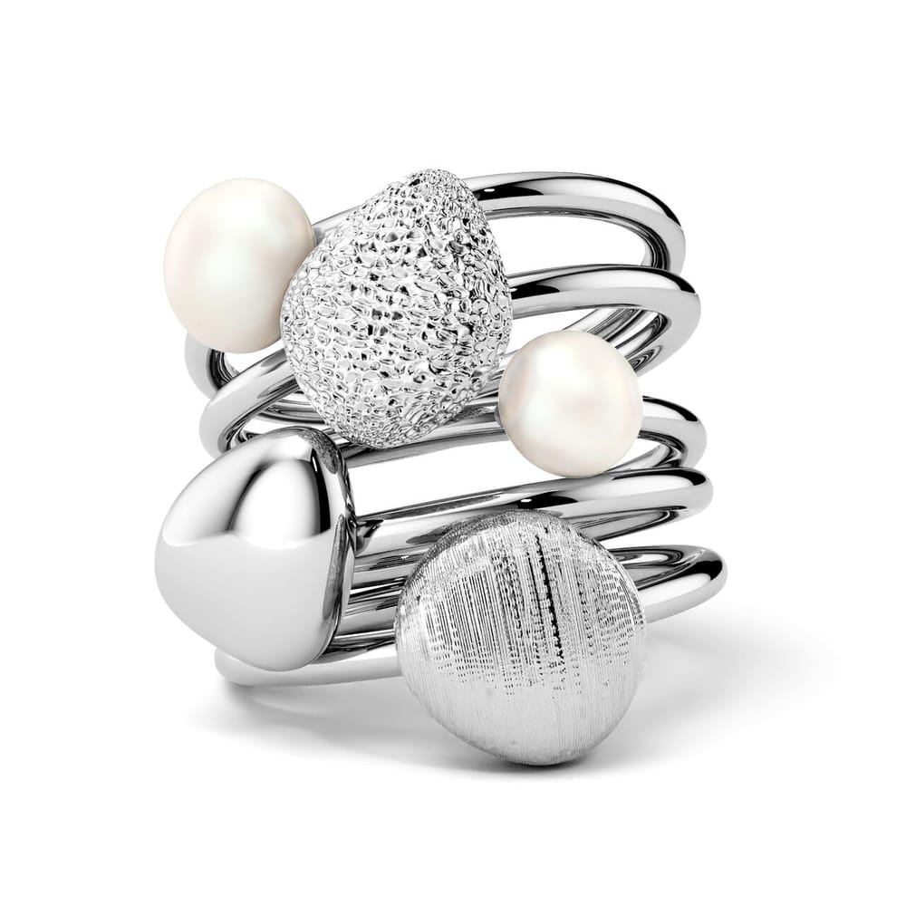 "BIRKS PEBBLE" STERLING SILVER RHD PEBBLE & FRESHWATER PEARL STACKABLE 5-RING SET SZ 7