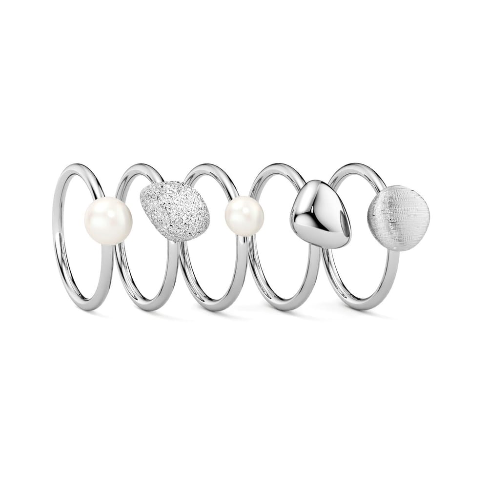 "BIRKS PEBBLE" STERLING SILVER RHD PEBBLE & FRESHWATER PEARL STACKABLE 5-RING SET SZ 7