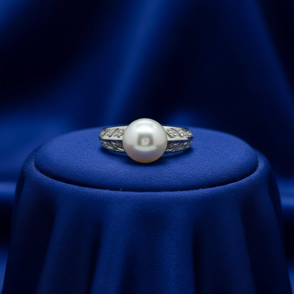 18K WG 9MM PEARL AND DIAMOND RING