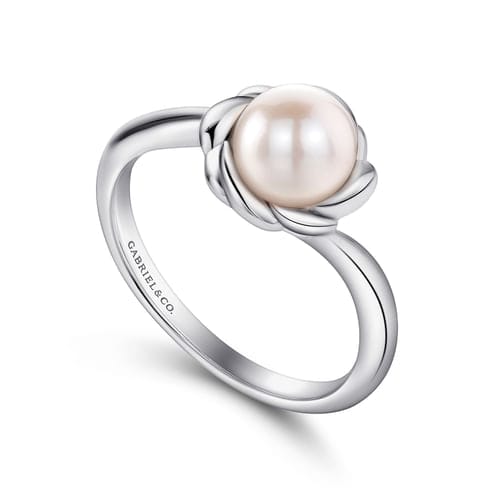 (S2203383) Sterling Silver Floral Fresh Water Cultured Pearl Ring Sz 6.5 "Gabriel & Co"