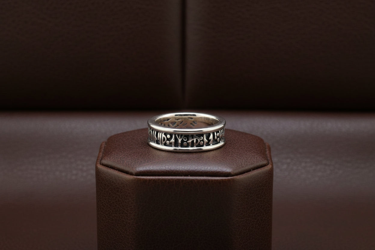 KEITH JACK SS VIKING RUNE RING "LOVE CONQUERS ALL; LET US TOO YIELD TO LOVE"SZ 6.5