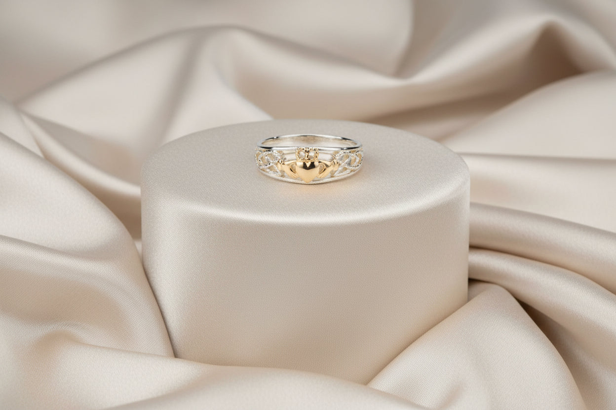 KEITH JACK SS + 10K SMALL CLADDAGH HEART RING (TAPERED)SIZE 6