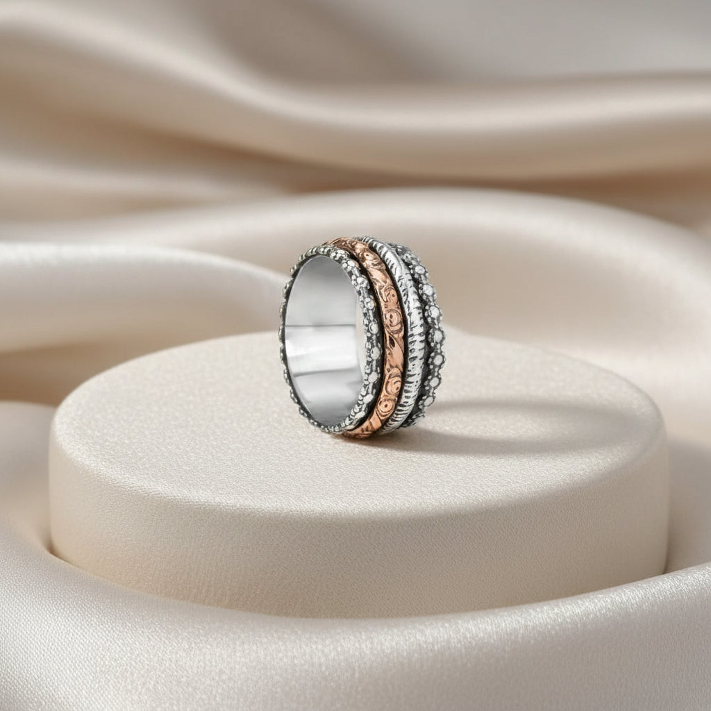 925 SILVER & 9KT SOLID ROSE GOLD "PRAYER" MEDITATON RING SIZE 8