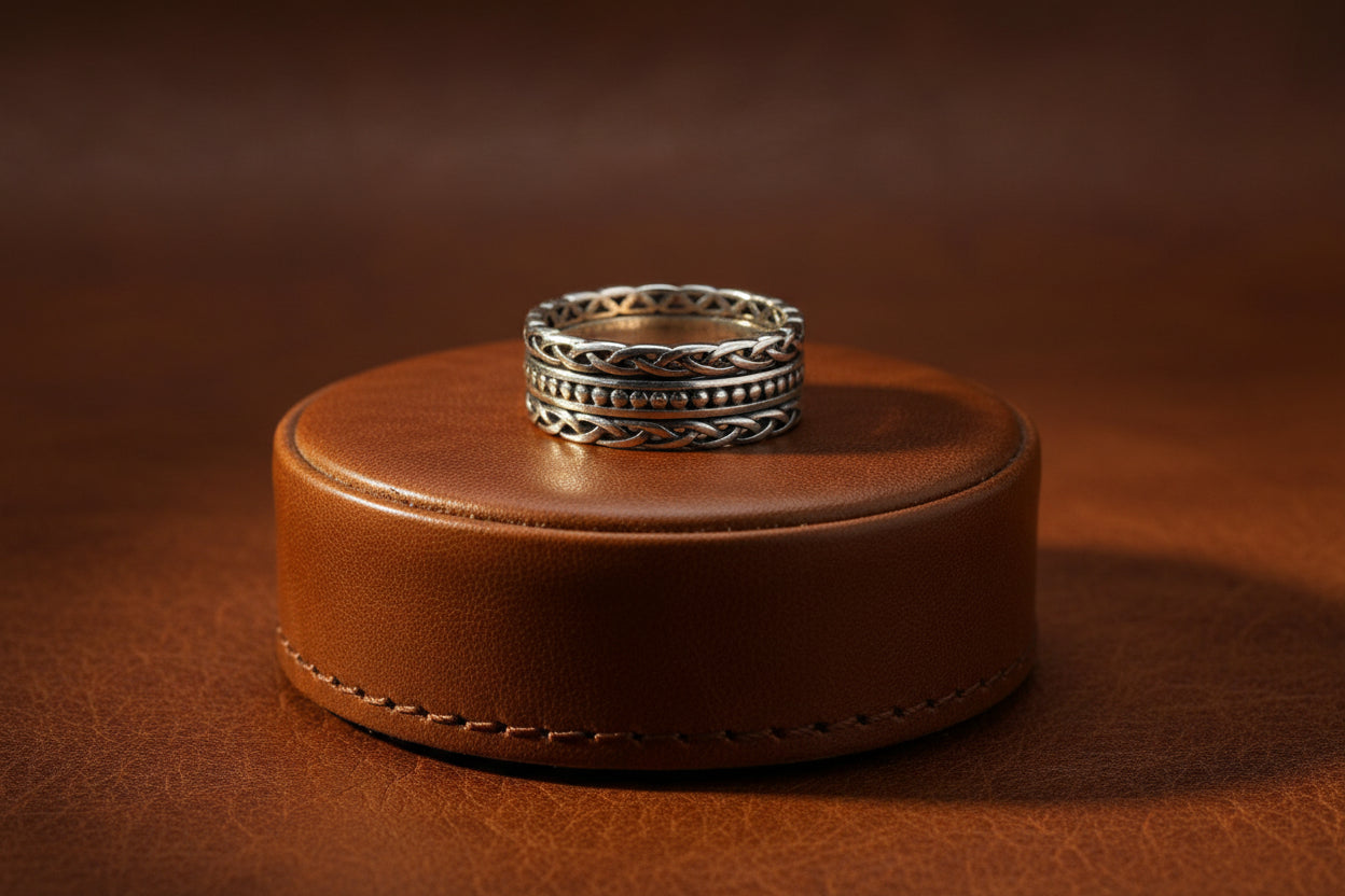 SS OXIDIZED BEADED KEITH JACK RING WITH KNOT WORK RAILS SIZE 5.5