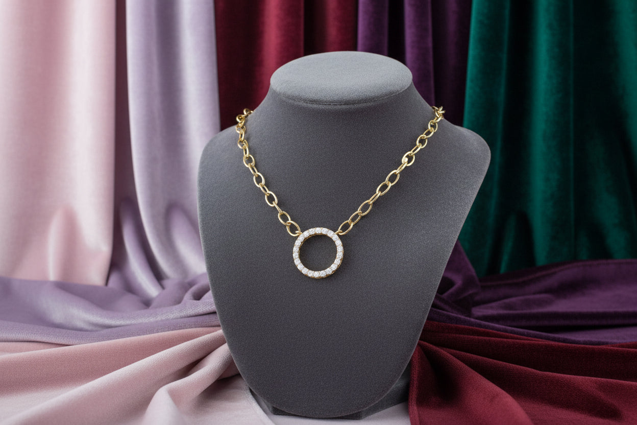 14K YG 1.00ctw Diamond Open Circle w/ Rolo Link Chain (Hollow)