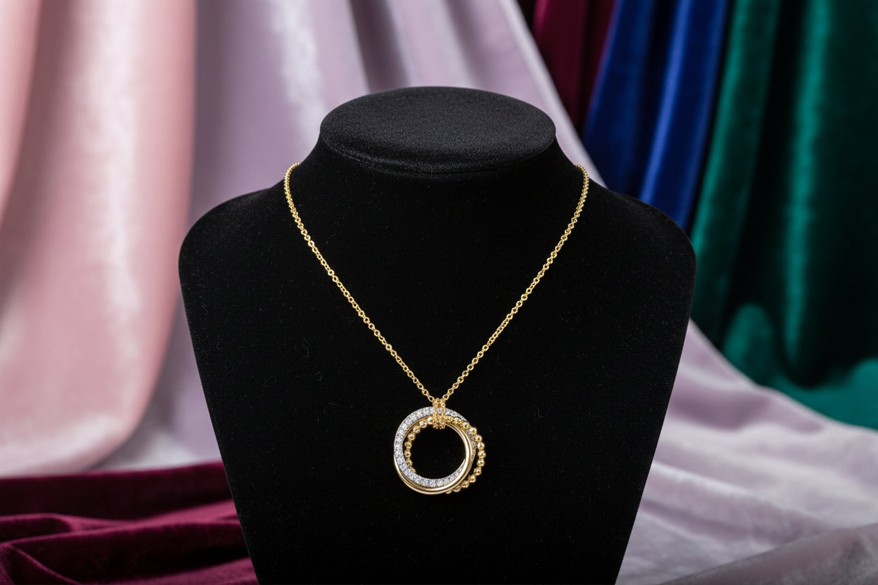 (S2203398) 14K YG/WG 0.25CTW Diamond Bujukan Interlocking Circles Necklace