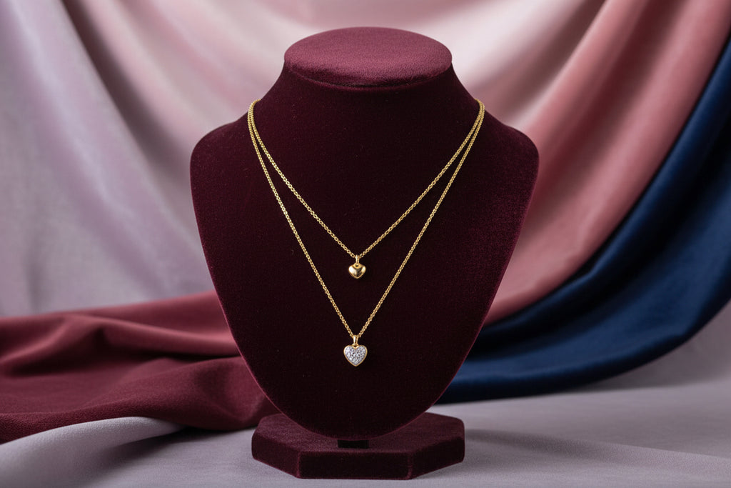 (S2205360) 14K YG 0.06ctw SI Diamond Double Heart Necklace 17.5" "Gabriel & Co."