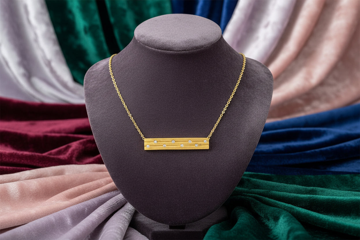 14K YG 0.08ctw Diamond Bar Necklace with Matte Finish 18"