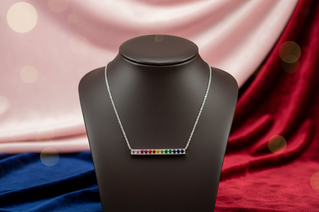 10K WG RAINBOW BAR GEMSTONE NECKLACE.23CTW