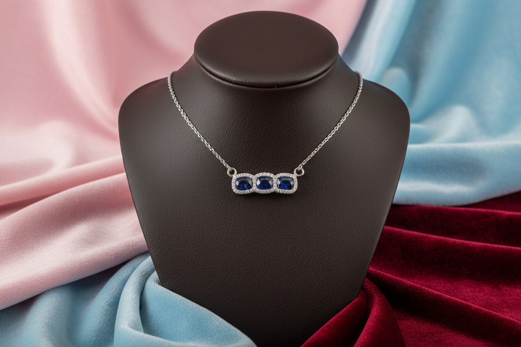 14K CUSTOM WHITE GOLD .92TW BLUE SAPPHIRE & .67TW VS2-SI2 FG NECKLACE