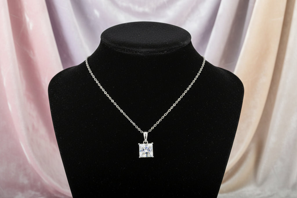 REIGN SS RHOD 7MM SQUARE CZ PENDANT WITH CHAIN