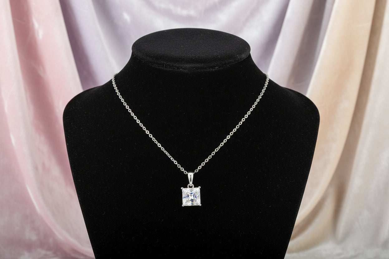 REIGN SS RHOD 7MM SQUARE CZ PENDANT WITH CHAIN