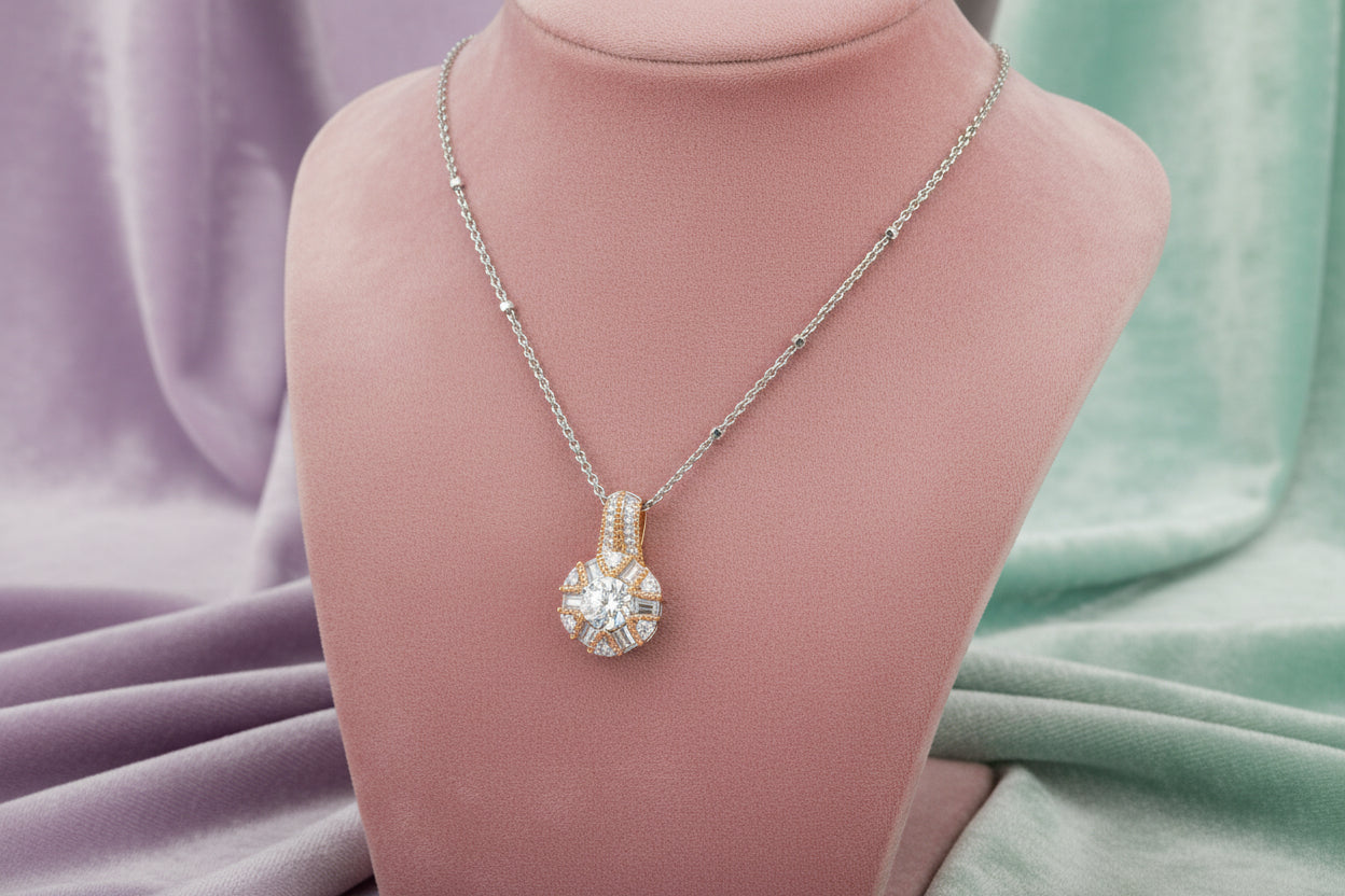 REIGN SS RHOD/ROSE GP40 CZ PENDANT WITH CHAIN