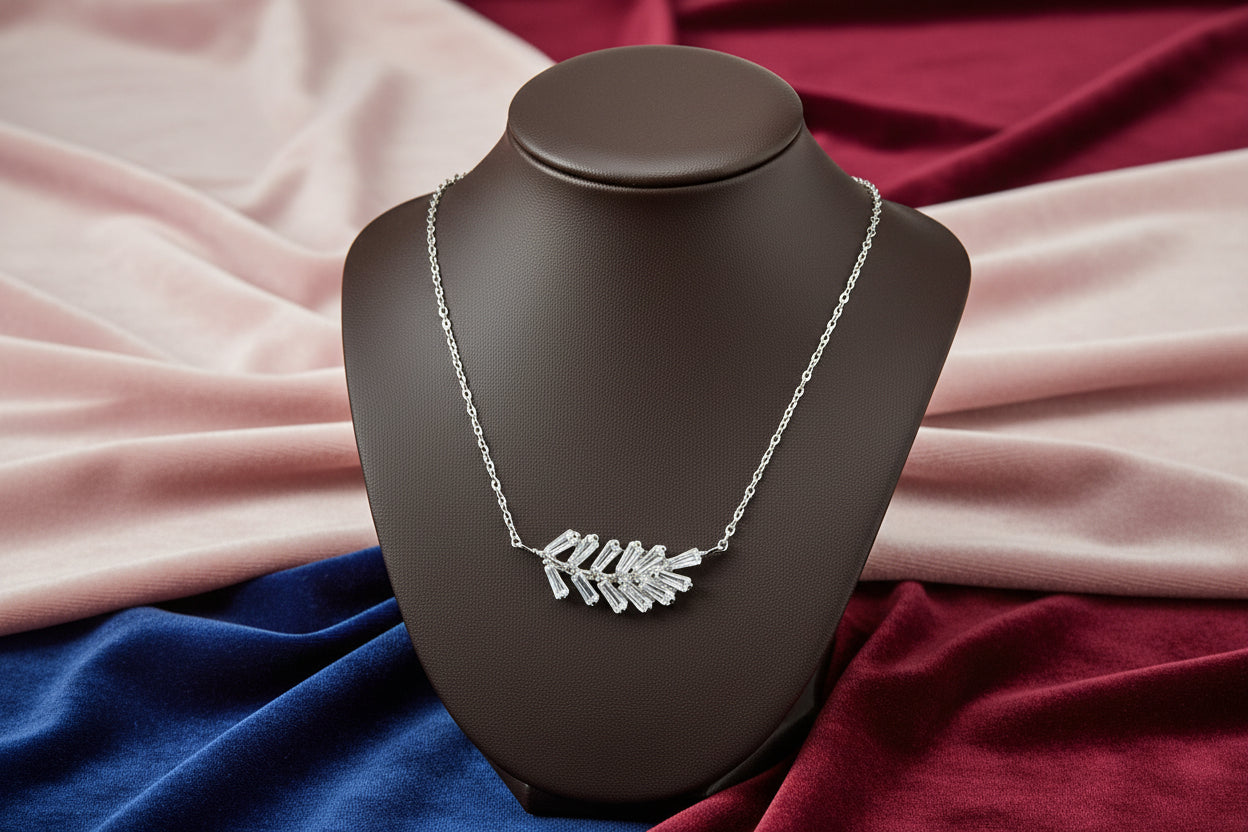 Sterling Silver Rhd CZ Leaf Necklace