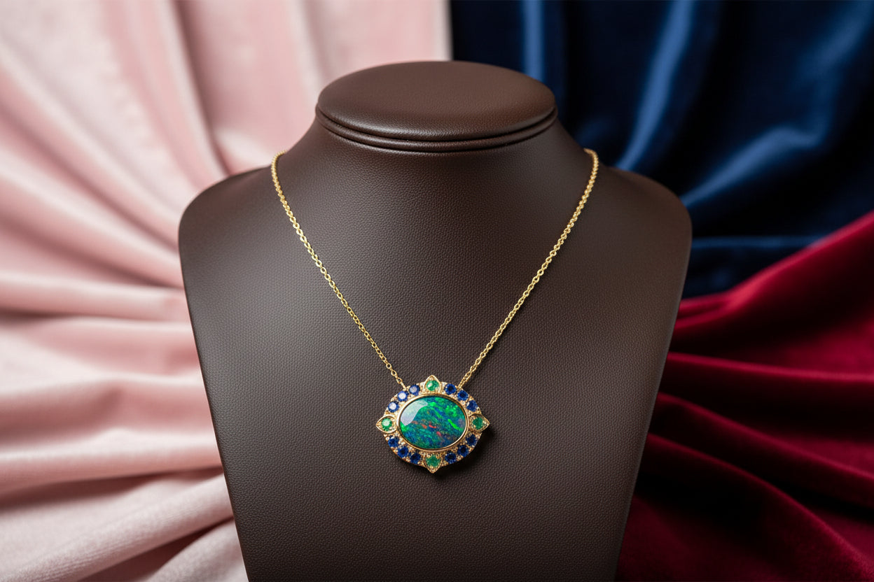 10K YG 10 x 8mm Oval Opal Doublet with Emerald & Blue Sapphire Halo Necklace