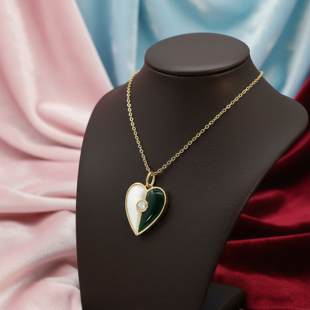 14K YG 0.05ct Diamond, 0.87ct Mother of Pearl and 0.78ct Black Agate Heart Pendant with chain