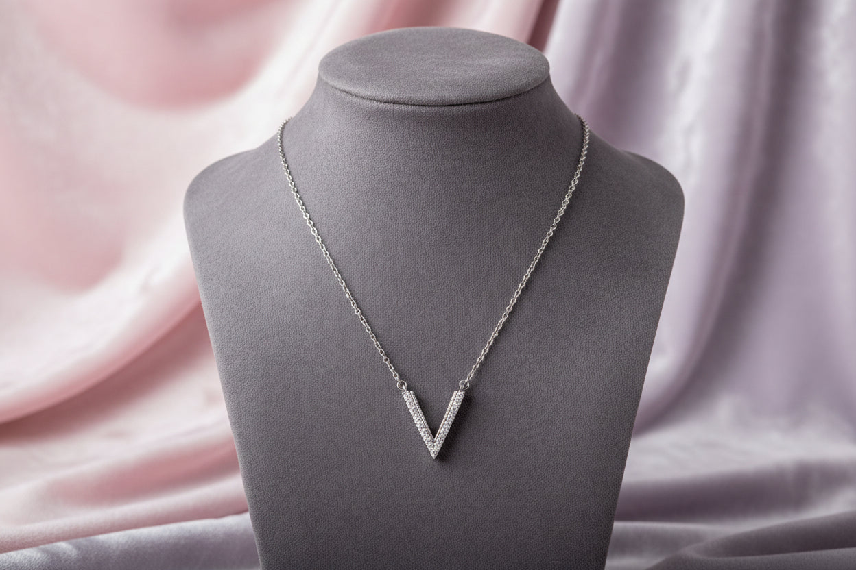 Sterling Silver CZ "V" Necklace
