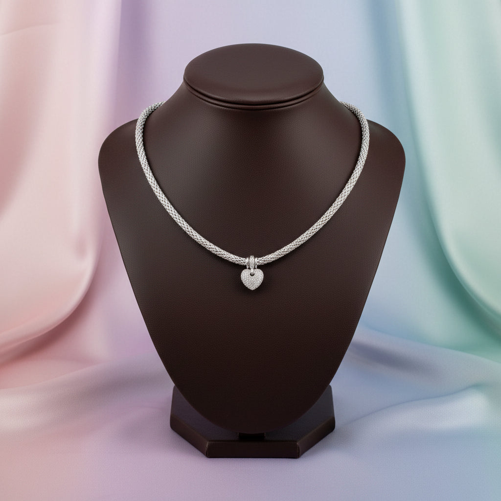 Sterling Silver Mesh Necklace With Puffed Heart Charm Accented with Cubic Zirconia
