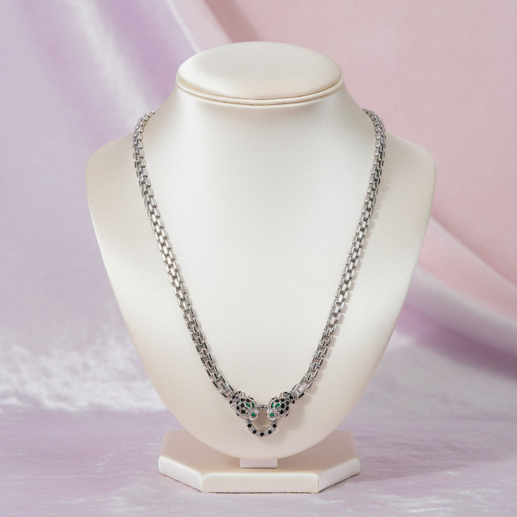 Sterling Silver Small Cube Link Radiant Panther Head Accented with Cubic Zirconia