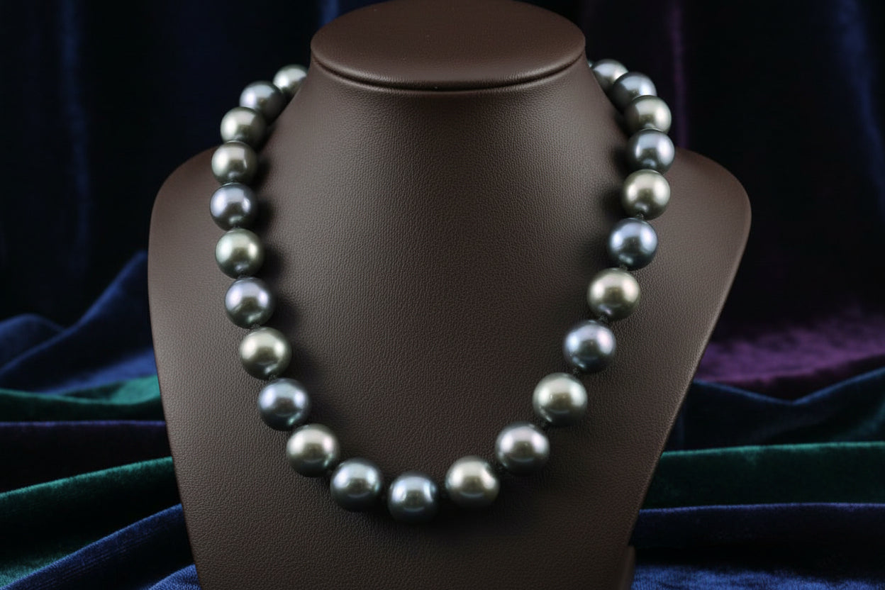20 STRAND OF BLACK PEARLS, WITH 14K CLASP