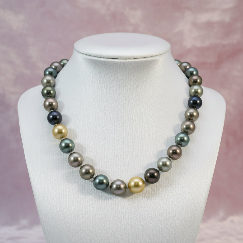 14K WHITE GOLD CLASP 18" SOUTH SEA TAHITIAN CULTURED MULTI COLOURED PEARL NECKLACE