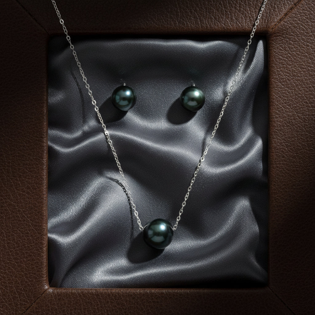 Sterling Silver Freshwater Black Pearl Studs and Necklace Set