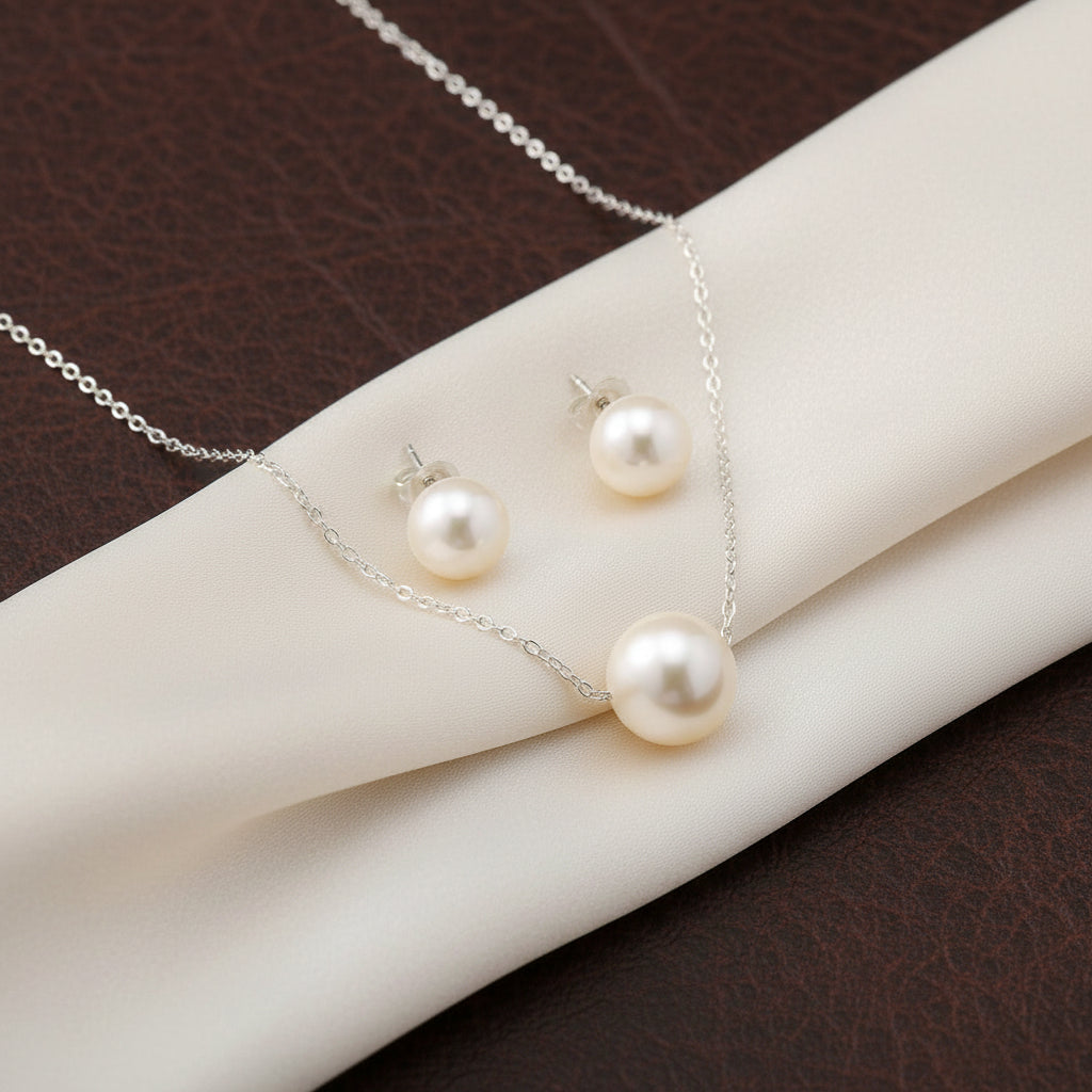 Sterling Silver Freshwater White Pearl Studs and Necklace Set