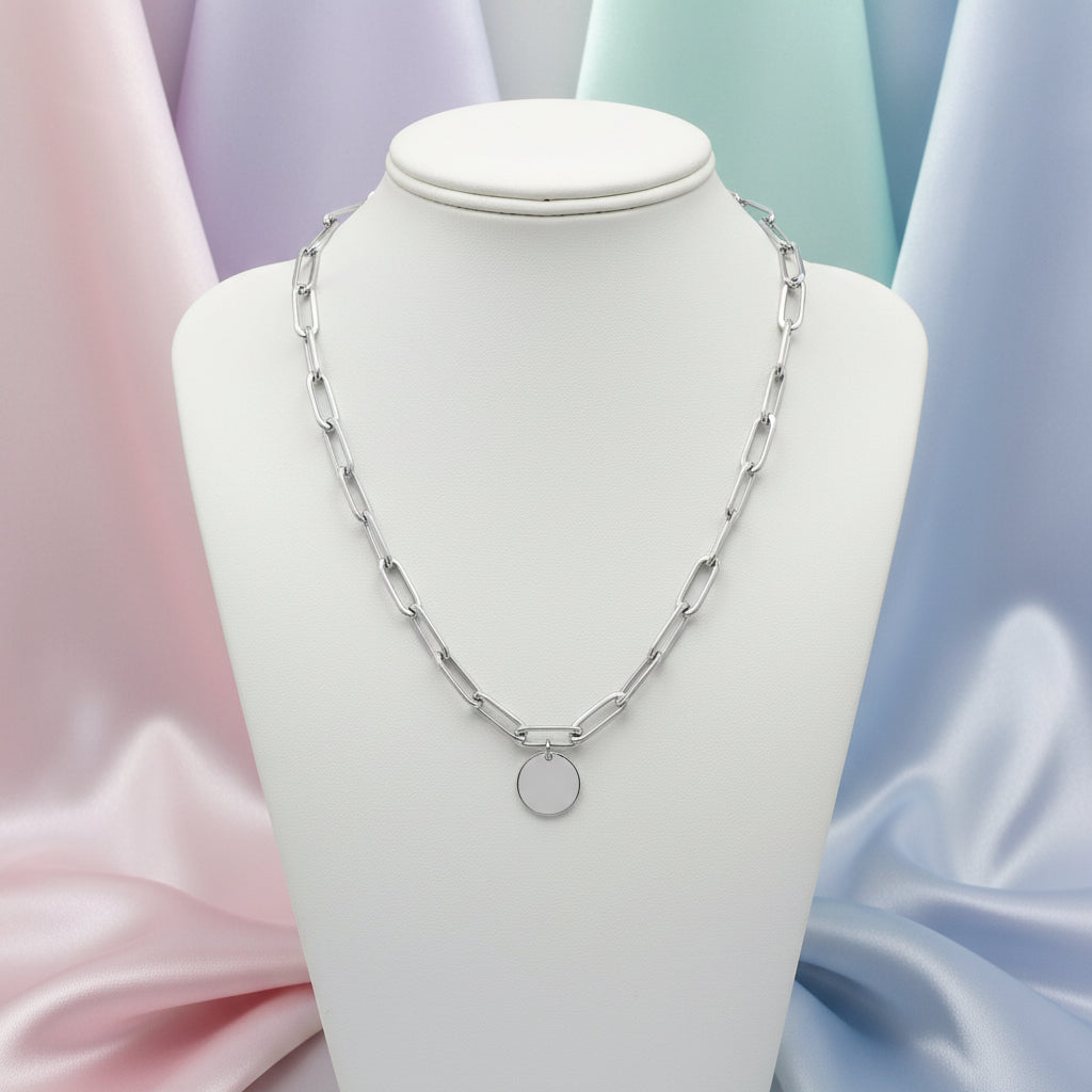 Sterling Silver Thick Paperclip Disc Charm Necklace