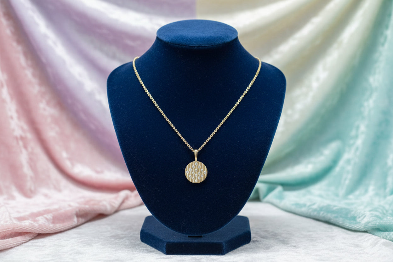 14K YG 16RD=0.12CTW DIAMOND DISC PENDANT WITH CHAIN