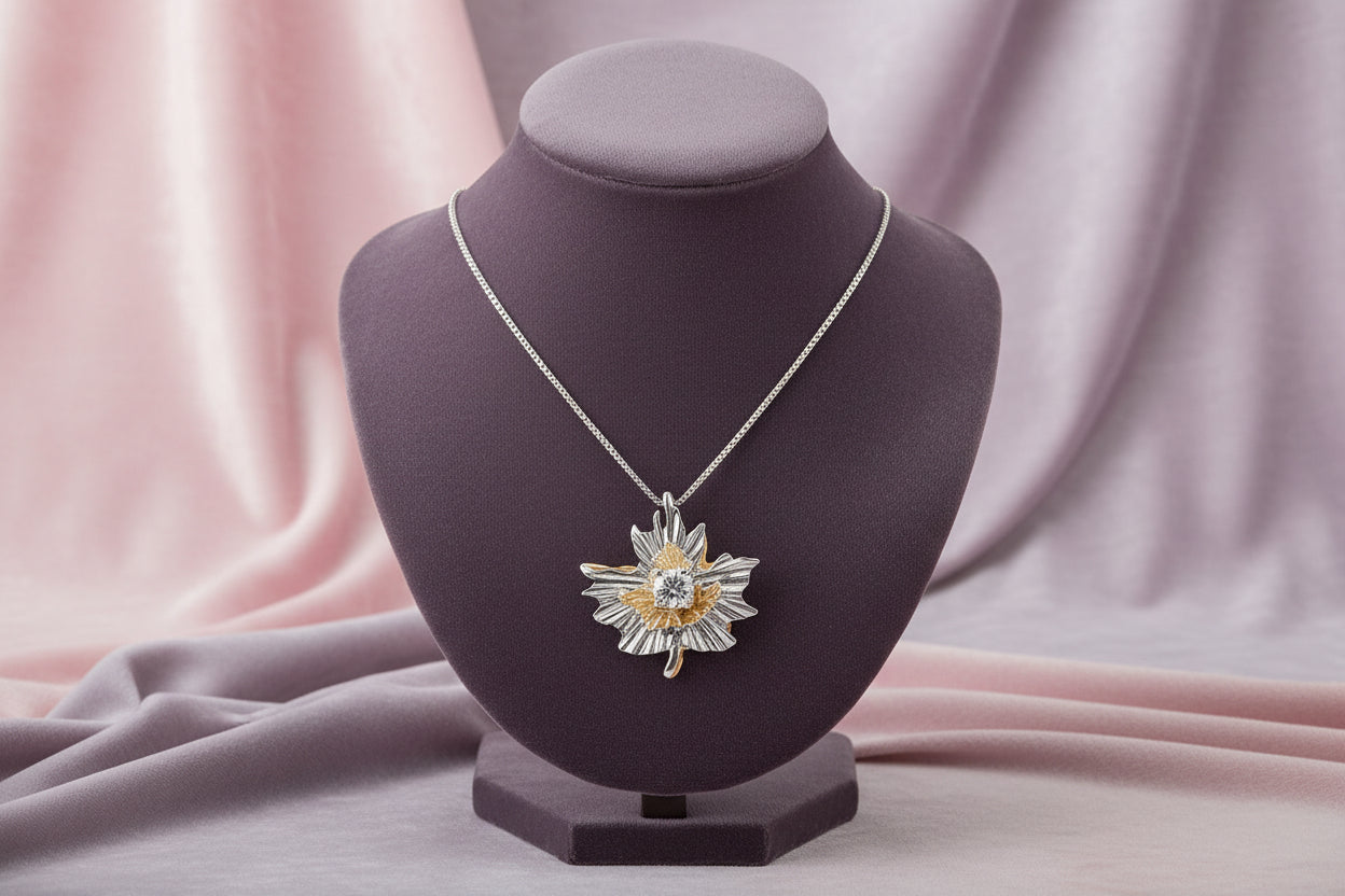 10K WG/YG 0.10CT I1,GI CDN DIAMOND MAPLE LEAF PENDANT WITH CHAIN CAD # 189290