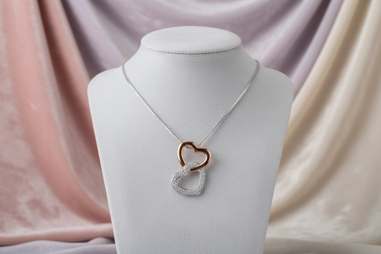 10K WG/RG DBL HEART WITH 0.06CTW DIAMOND PENDANT