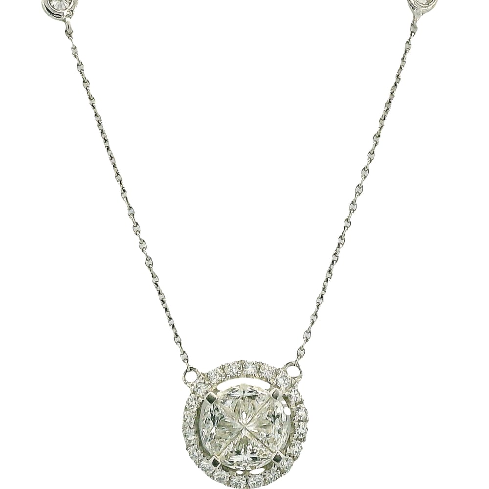 14K WG .62CT HALF MOON DIA AND .33TW HALO AND NECKLACE STONES