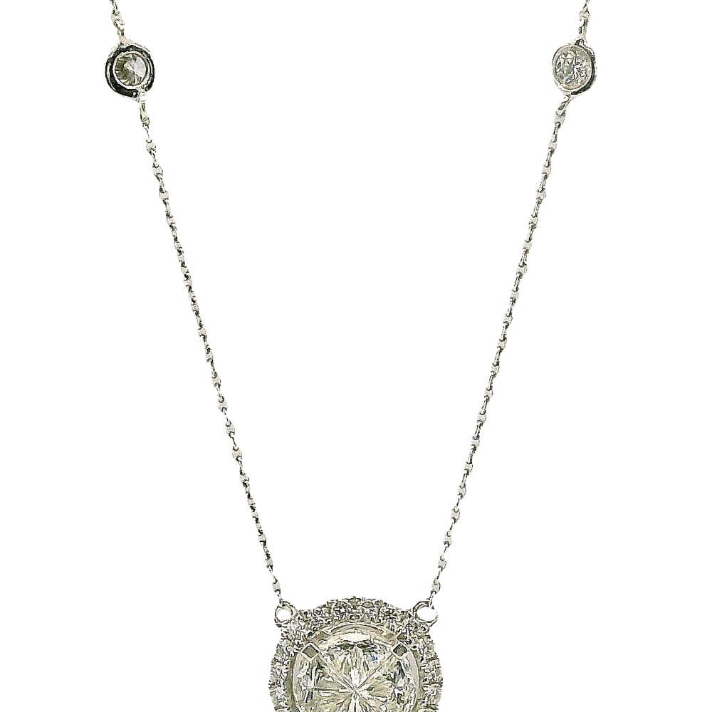 14K WG .62CT HALF MOON DIA AND .33TW HALO AND NECKLACE STONES