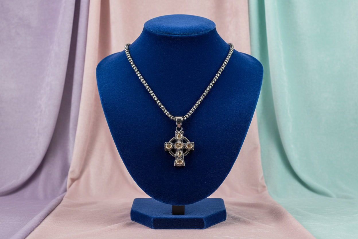 SS BLACK RHODIUM 0.35CTW RAW DIAMOND CROSS PENDANT