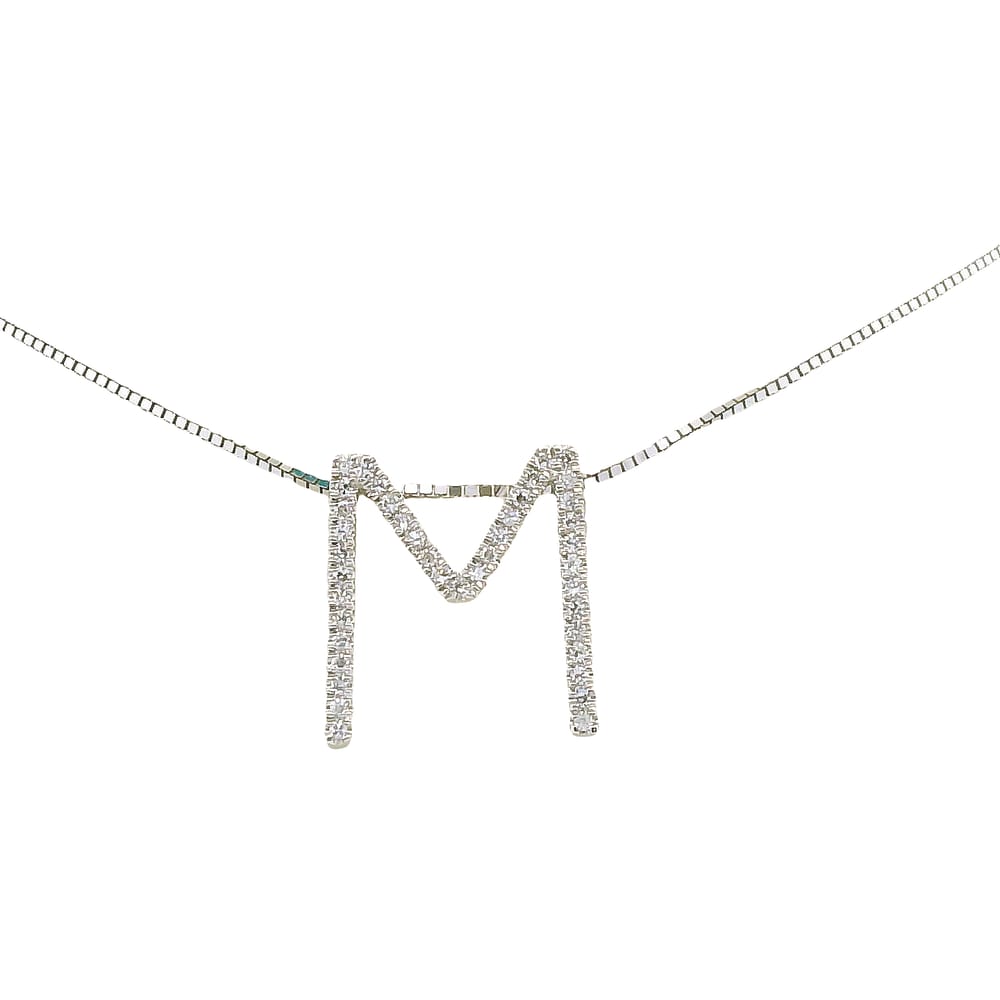 14K WG .12CTW DIA BLOCK "M" PEND W/ 20" CHAIN