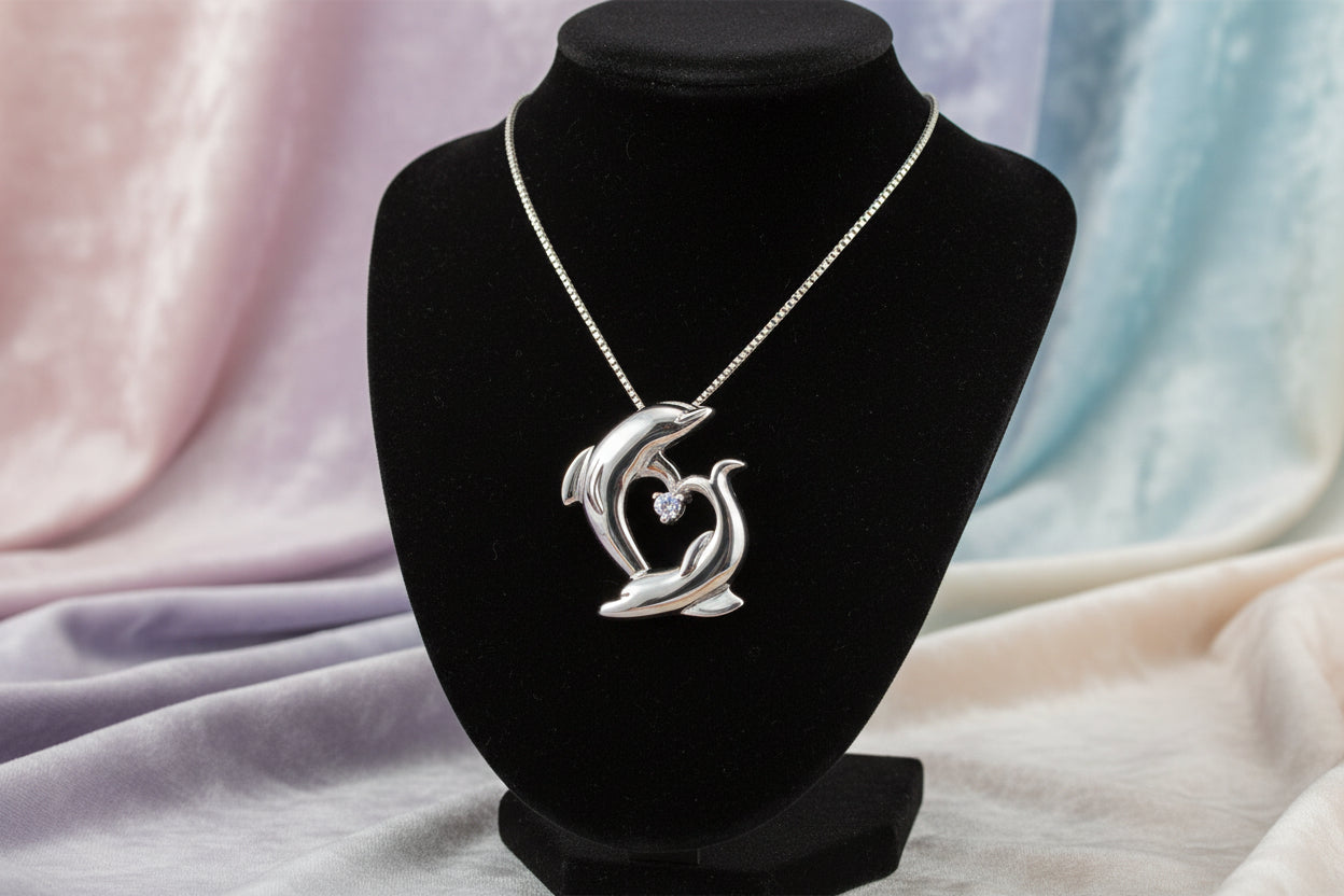 10K WG 0.007ct RB Diamond with Heart Shaped Dolphins Pendant and chain