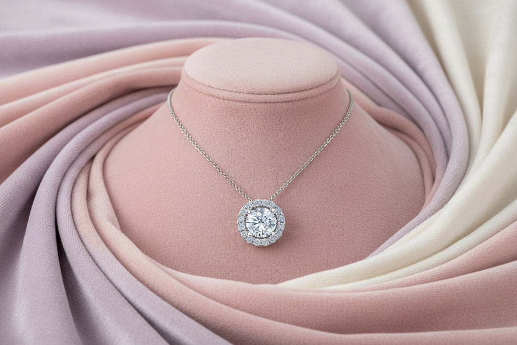 10K WG 0.50ctw VS,EF RB Lab Grown Diamond + 0.13ctw RB Lab Diamond Halo Pendant w/ Chain