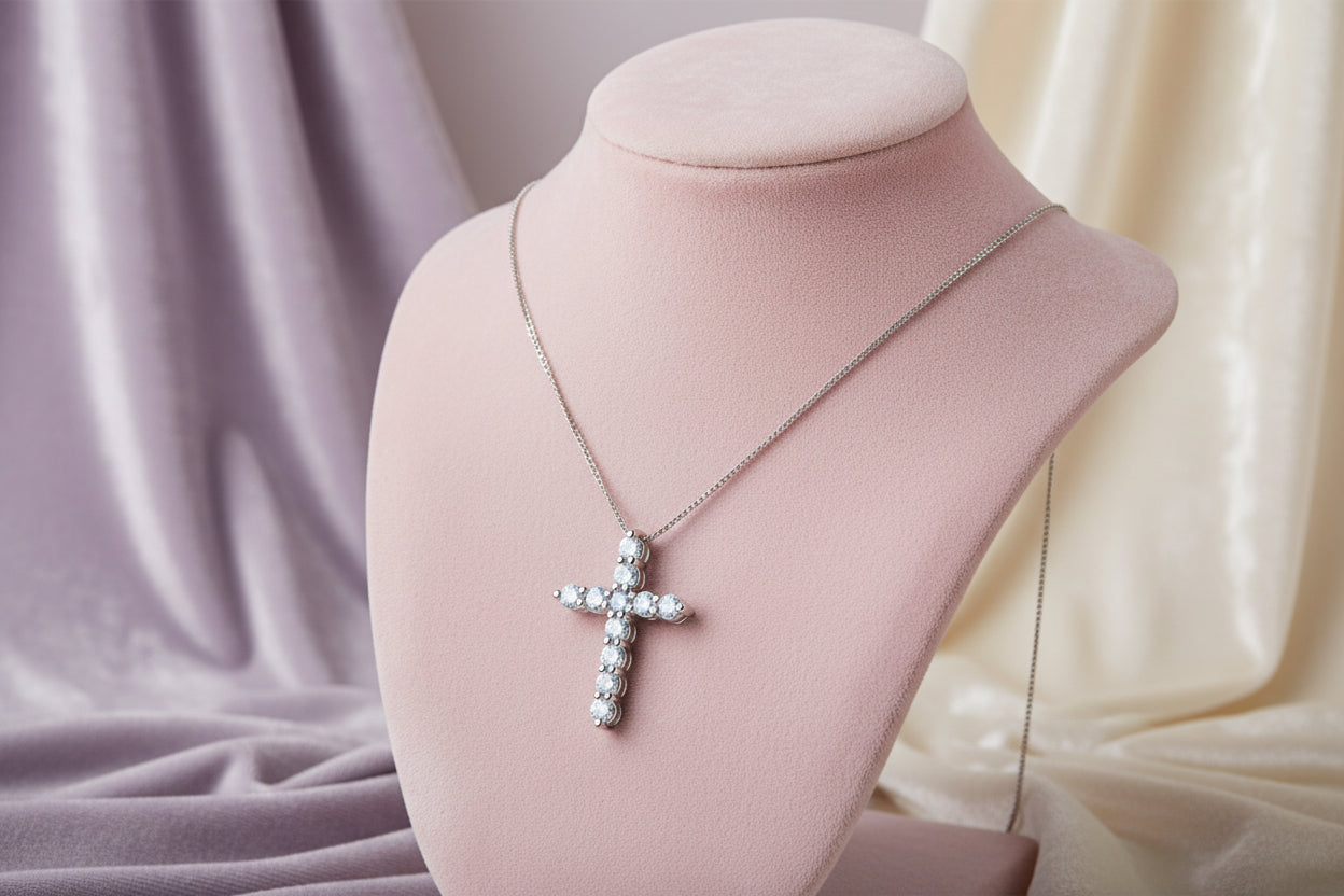 10K WG 0.25ctw VS,EF RB Lab Grown Diamond Cross Pendant w/ Chain