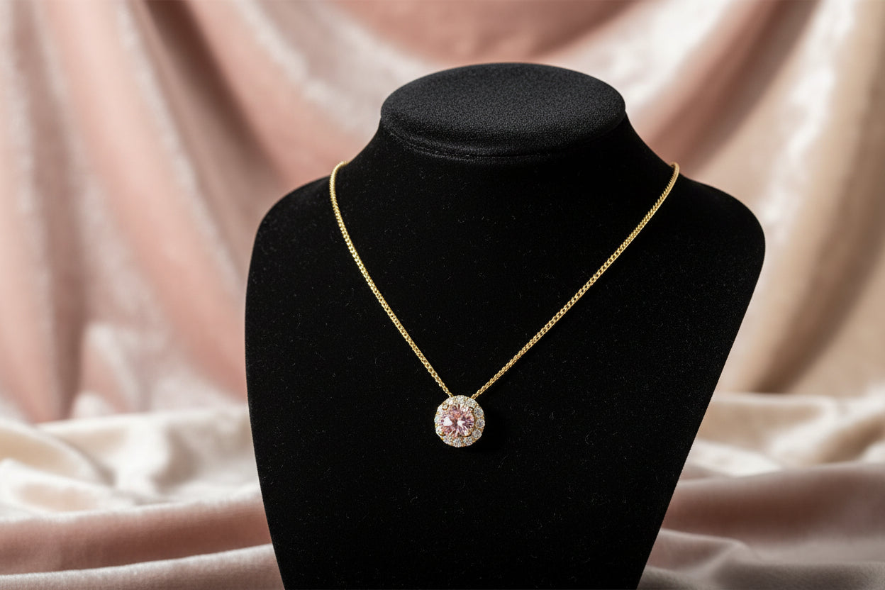 10K YG 0.23ct RB Pink Lab Grown Diamond + 0.10ctw RB Lab Diamond Halo Pendant w/ Chain
