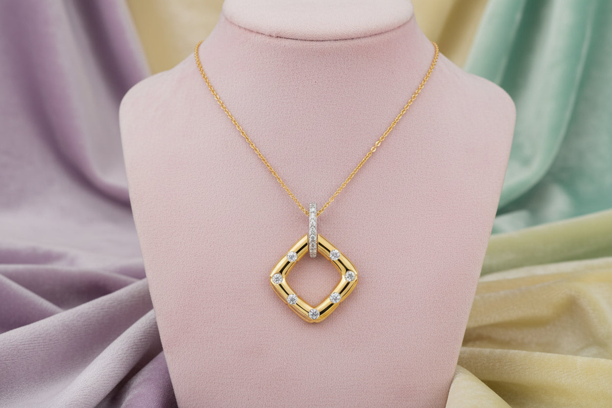 10K YG 0.24ctw Diamond Open Square Shaped pendant with Chain