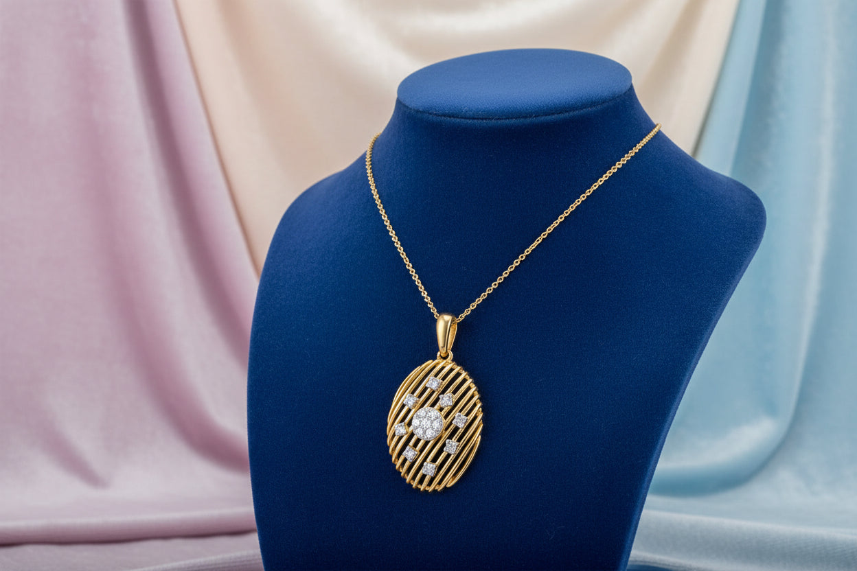 10K YG 0.17ctw Diamond Oval Cross Line Pendant with Chain