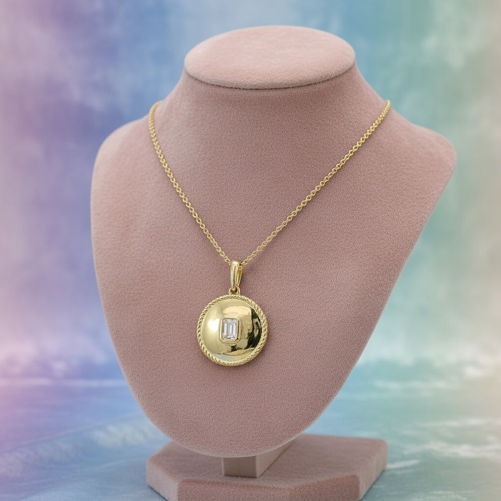 14K YG 0.24ct Emerald Cut Diamond Circle Pendant with Chain