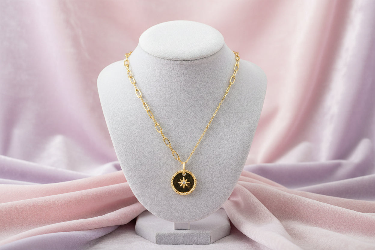 14K YG 0.04ctw Diamond Star Disc Pendant with Rope Open Circle Detail with Chain 18"