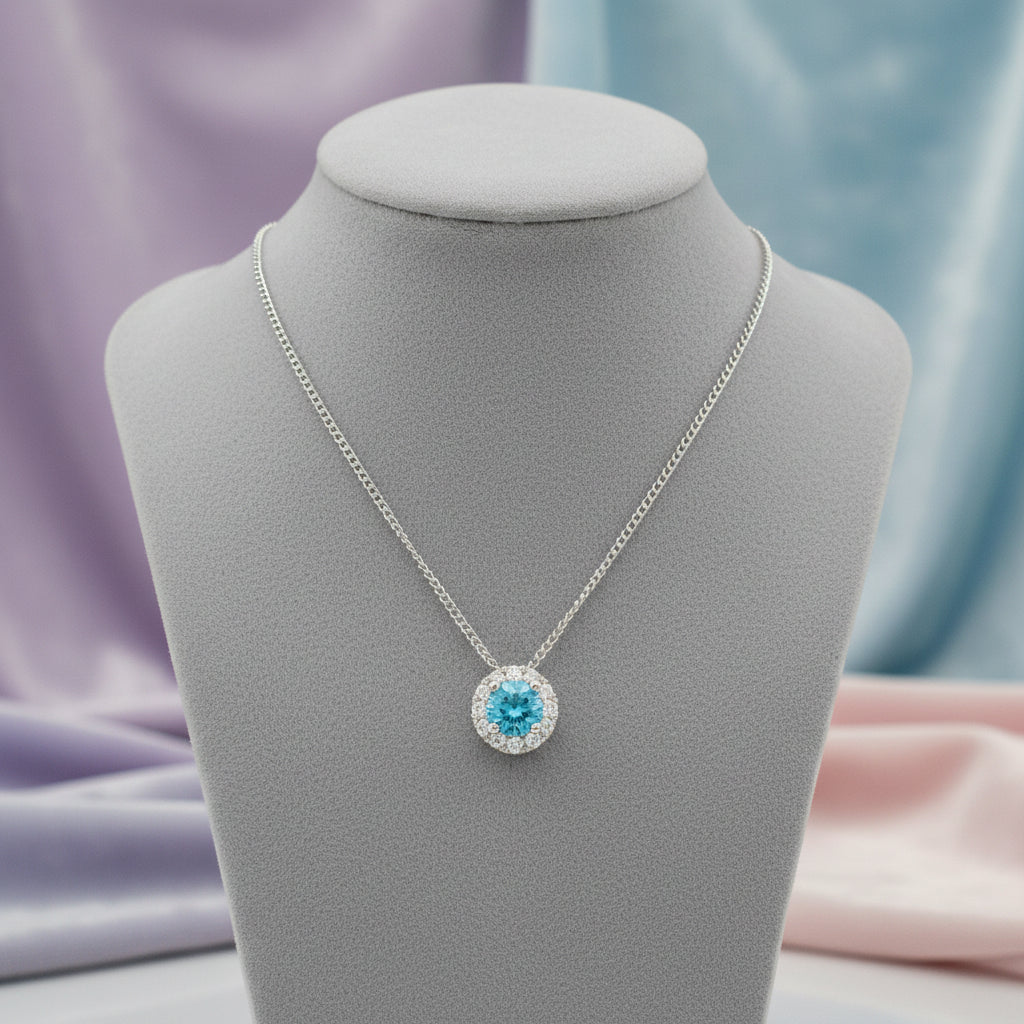10K White Gold blue lab grown diamond pendant with a lab diamond halo
